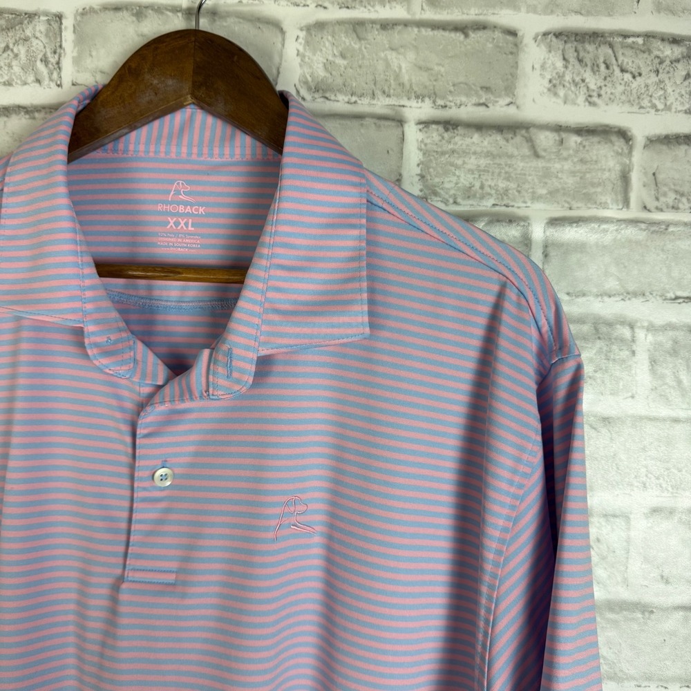 Rhoback Mens XXL Performance Polo Shirt Pink Blue Striped Short Sleeve Golf Top